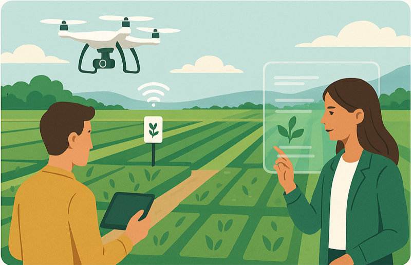 Ilustración de una visita técnica a un cultivo con dron y sensores