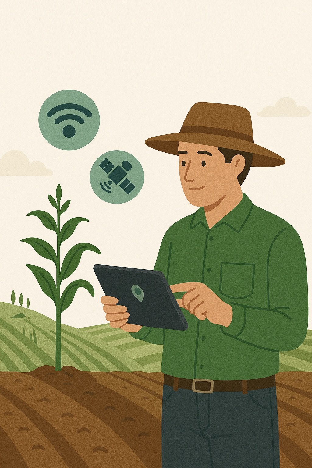 Ilustración de un agricultor consultando datos de su cultivo en una tableta