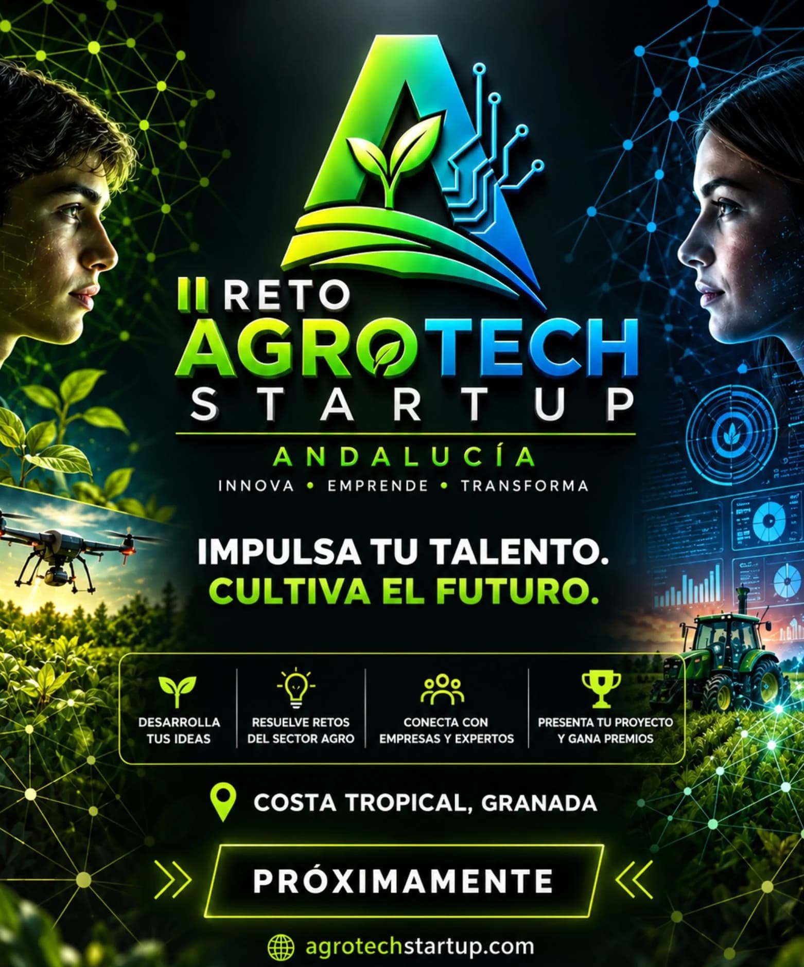 Cartel oficial del II Reto Agrotech Startup Andalucía: Innova, emprende, transforma. Impulsa tu talento, cultiva el futuro. Costa Tropical, Granada.